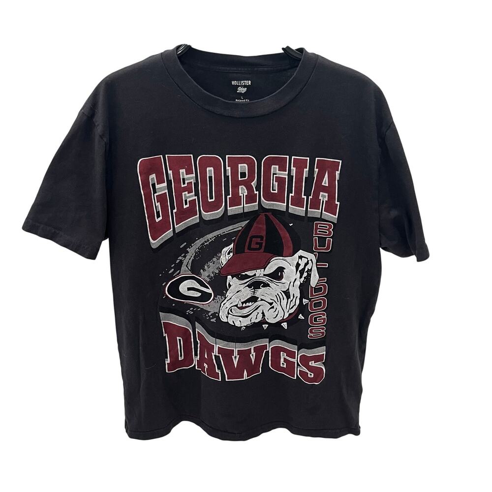 Hollister Georgia Bulldogs T-Shirt Large L Relaxed Fit Black Dawgs Graphic Tee